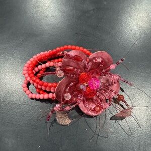 Pink and Red Beaded Flower Bracelet